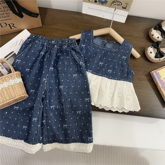 Blue Sleeveless Top & Pants Set with Bow Print
