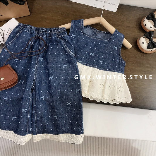 Blue Sleeveless Top & Pants Set with Bow Print