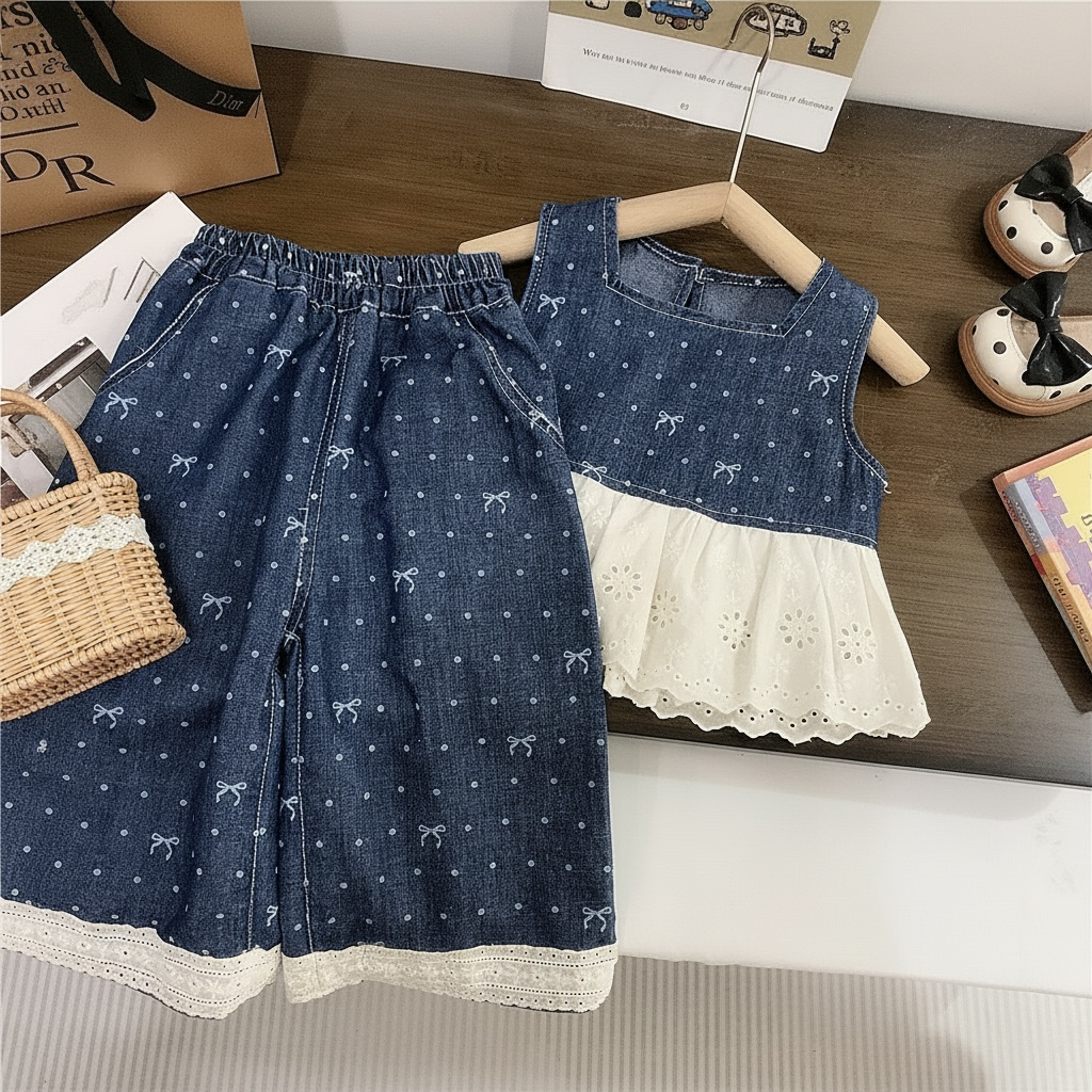 Blue Sleeveless Top & Pants Set with Bow Print