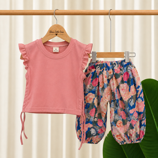 Pink Ruffle Top & floral shorts set