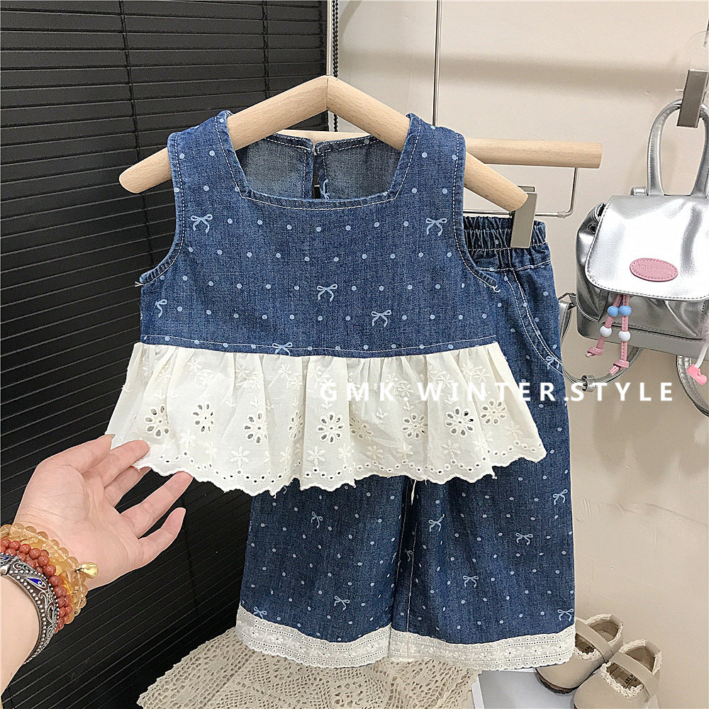 Blue Sleeveless Top & Pants Set with Bow Print