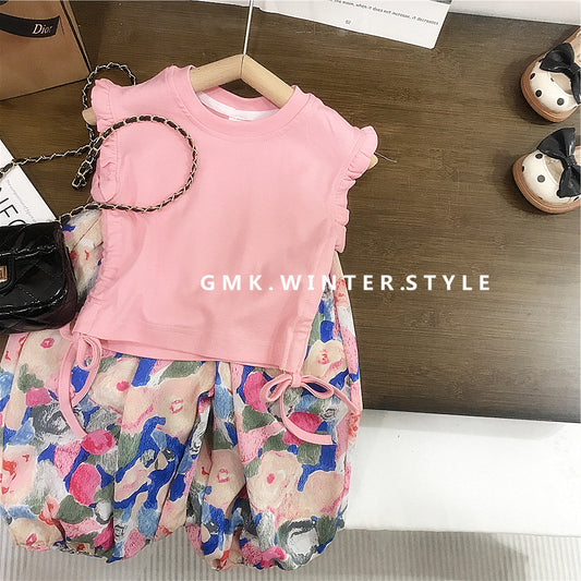 Pink Ruffle Top & floral shorts set
