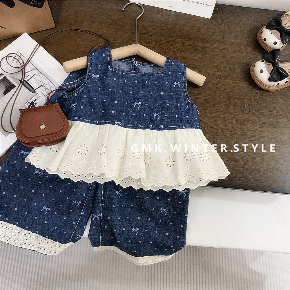 Blue Sleeveless Top & Pants Set with Bow Print