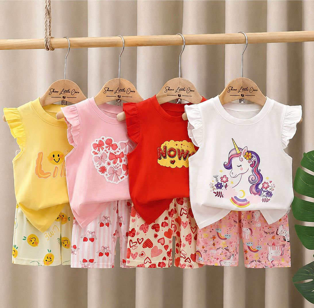 Set Kanak-kanak Perempuan Top + Seluar Pendek Kartun Comel (Tahun 1 - 5)