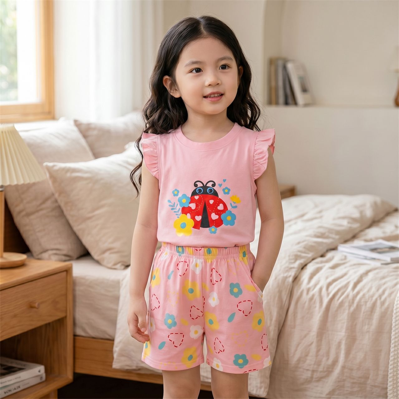 Set Kanak-kanak Perempuan Top + Seluar Pendek Kartun Comel (Tahun 1 - 5)