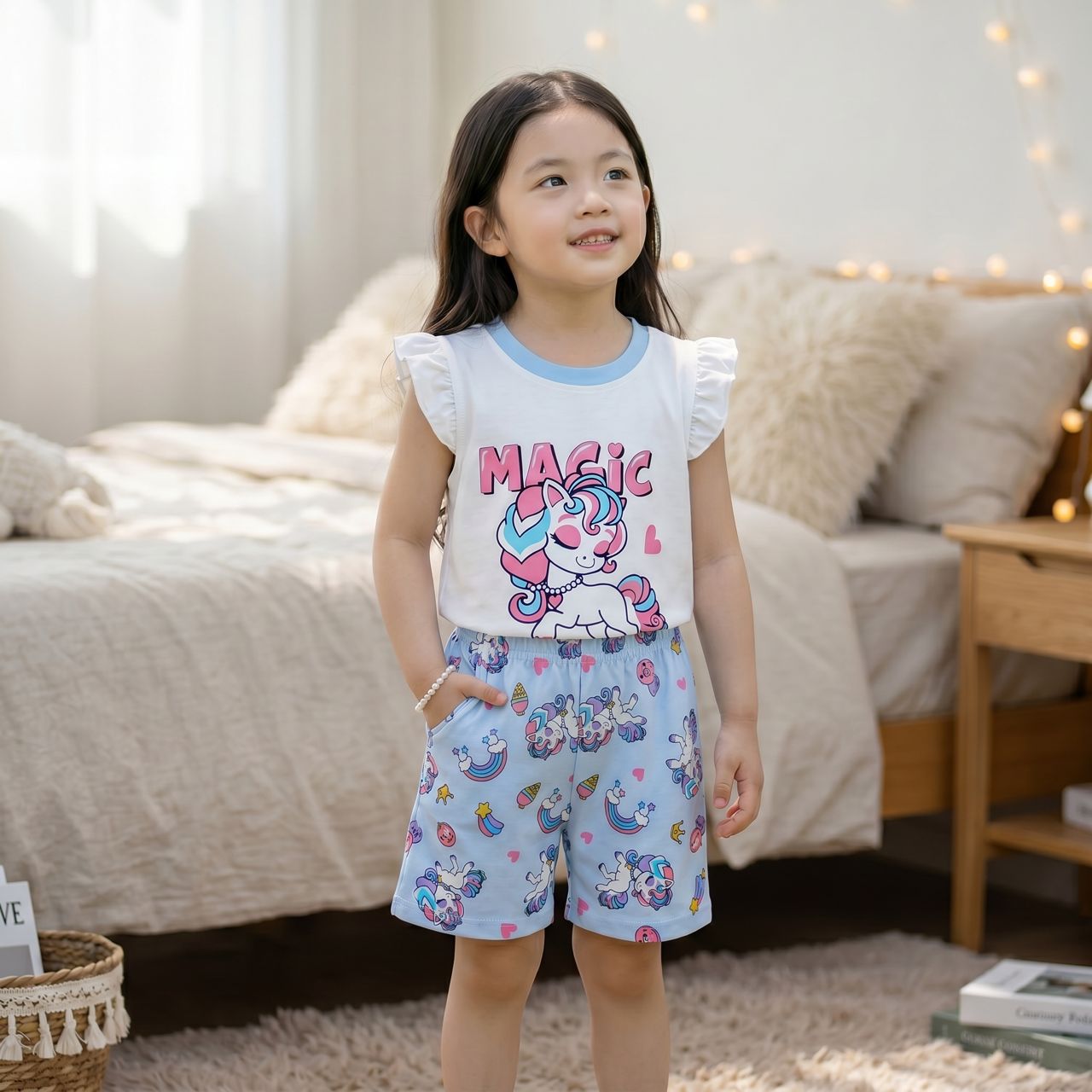 Set Kanak-kanak Perempuan Top + Seluar Pendek Kartun Comel (Tahun 1 - 5)