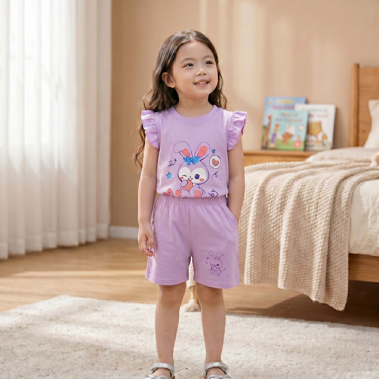 Set Kanak-kanak Perempuan Top + Seluar Pendek Kartun Comel (Tahun 1 - 5)