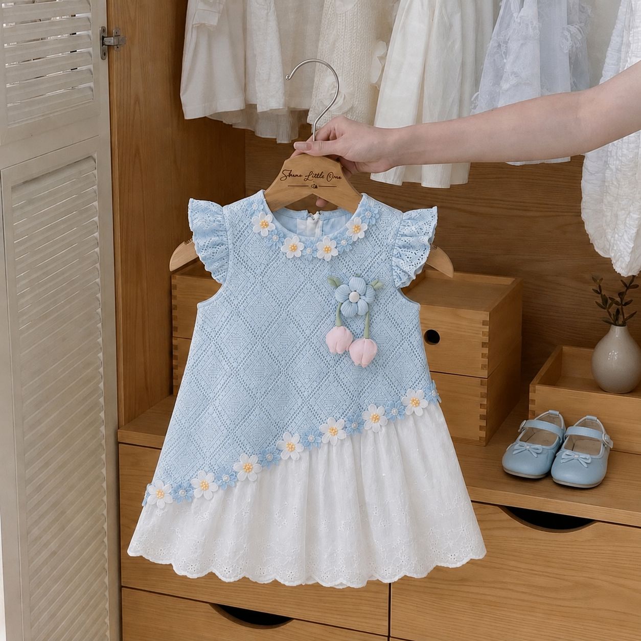 Dress Princess Kanak-Kanak Perempuan Lace Floral Elegant Biru Muda(Tahun 2 - 7)