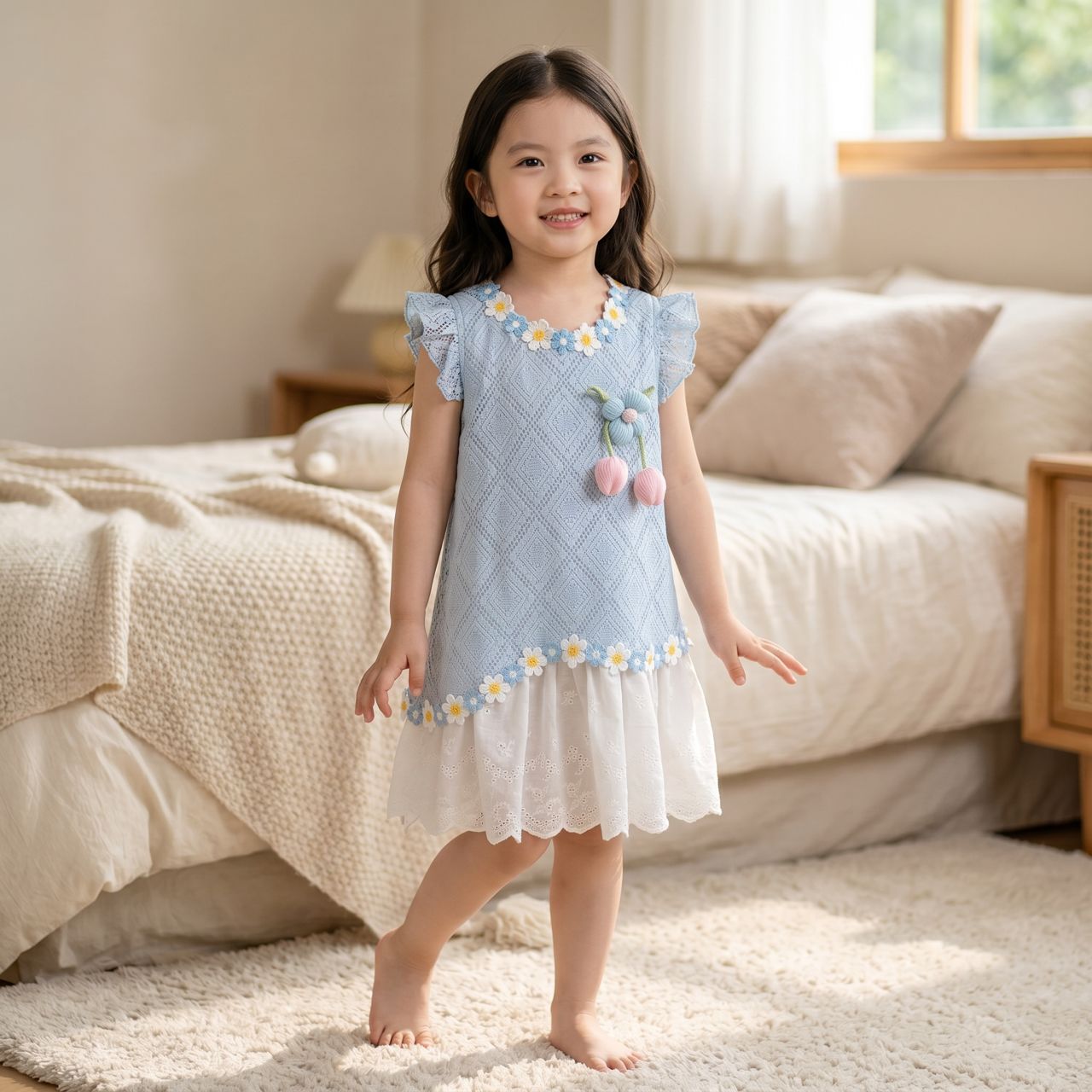 Dress Princess Kanak-Kanak Perempuan Lace Floral Elegant Biru Muda(Tahun 2 - 7)
