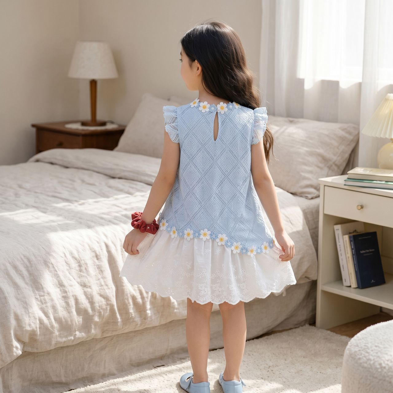 Dress Princess Kanak-Kanak Perempuan Lace Floral Elegant Biru Muda(Tahun 2 - 7)
