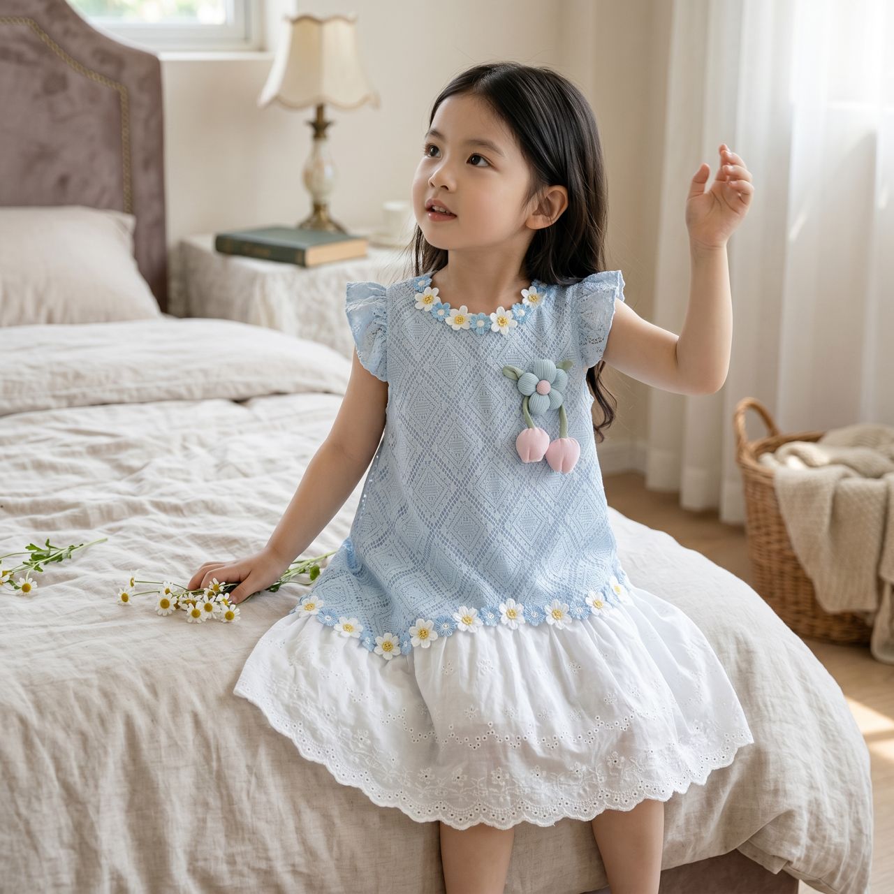 Dress Princess Kanak-Kanak Perempuan Lace Floral Elegant Biru Muda(Tahun 2 - 7)