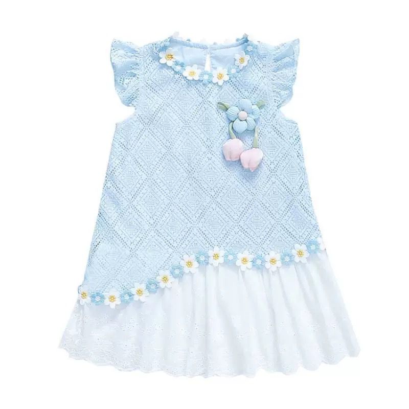 Dress Princess Kanak-Kanak Perempuan Lace Floral Elegant Biru Muda(Tahun 2 - 7)