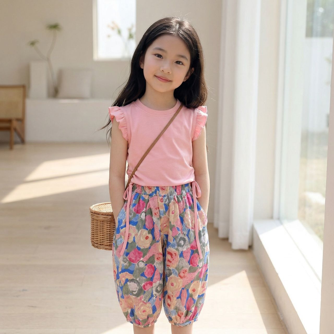 Pink Ruffle Top & floral shorts set