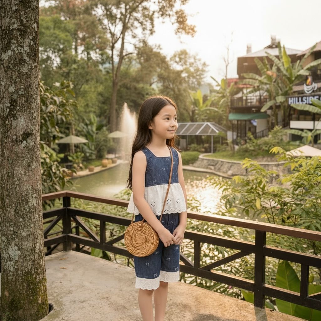 Blue Sleeveless Top & Pants Set with Bow Print