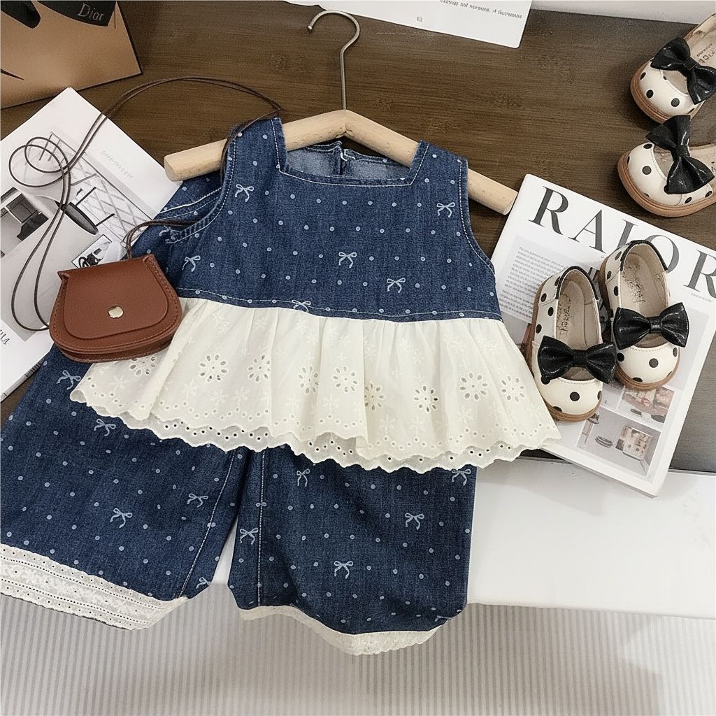 Blue Sleeveless Top & Pants Set with Bow Print