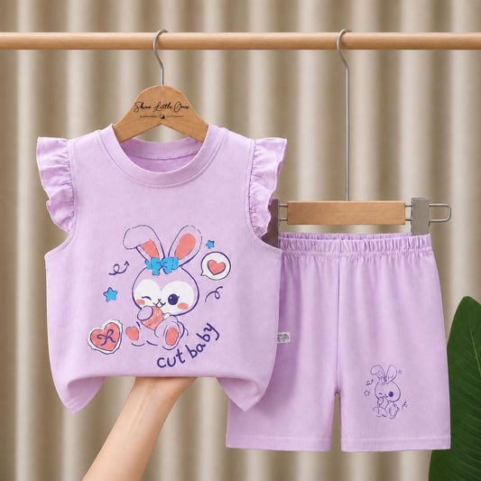 Set Kanak-kanak Perempuan Top + Seluar Pendek Kartun Comel (Tahun 1 - 5)